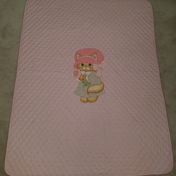 VTG Handmade Kitty Cat Blanket Pink Dress Bonnet Flowers Spring Mills Baby Quilt - Picture 1 of 5